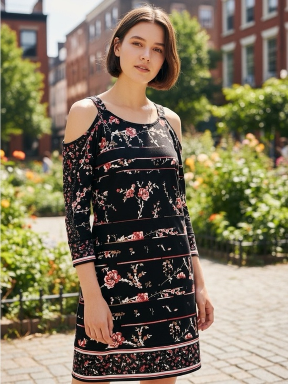 🫶🏻 WHBM Cold-Shoulder Black Floral Shift Dress with See Through Detail